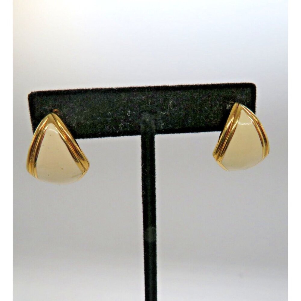 Monet Earrings Womens Pierced Huggers White Enamel Gold Tone Vintage
